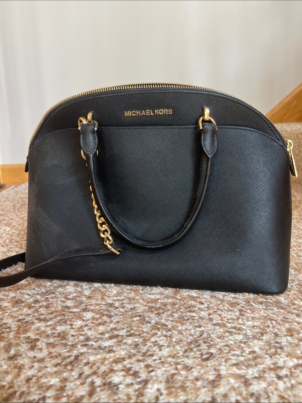 Michael Kors Black Saffiano Leather Dome Satchel with Gold Hardware